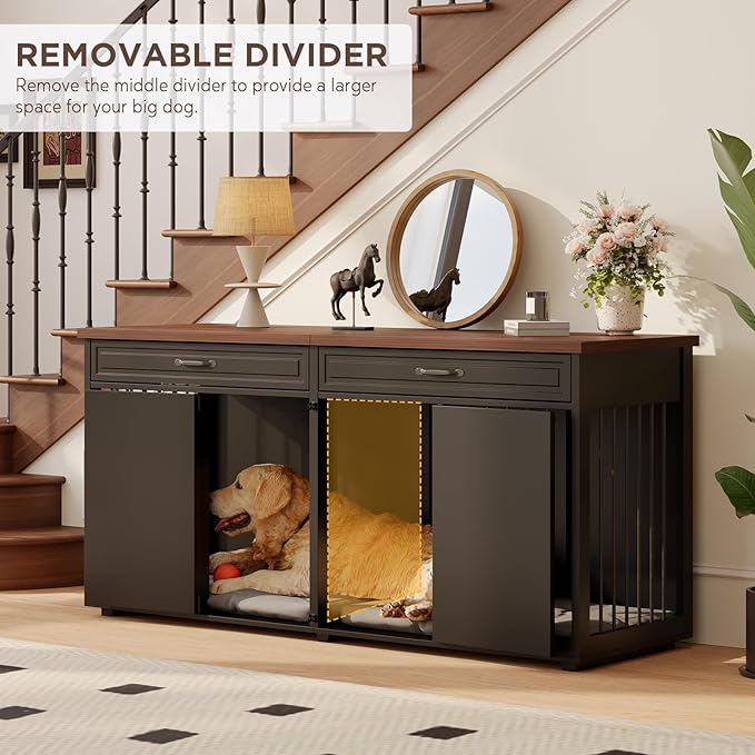Dog Crate Furniture - Indoor Wooden Dog Kennel Furniture with 2 Drawers & Room Divider - 72" L x 23.6" W x 34" H - Black