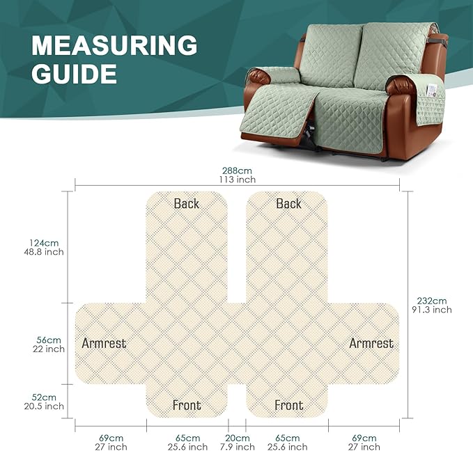 Ruaozz Waterproof Recliner Sofa Cover 1-Piece Couch Covers for Reclining Couches Reclining Sofa Cover Washable Furniture Protector with Elastic Straps Pocket for Kids, Pets (Sage Green, 2 Seater)