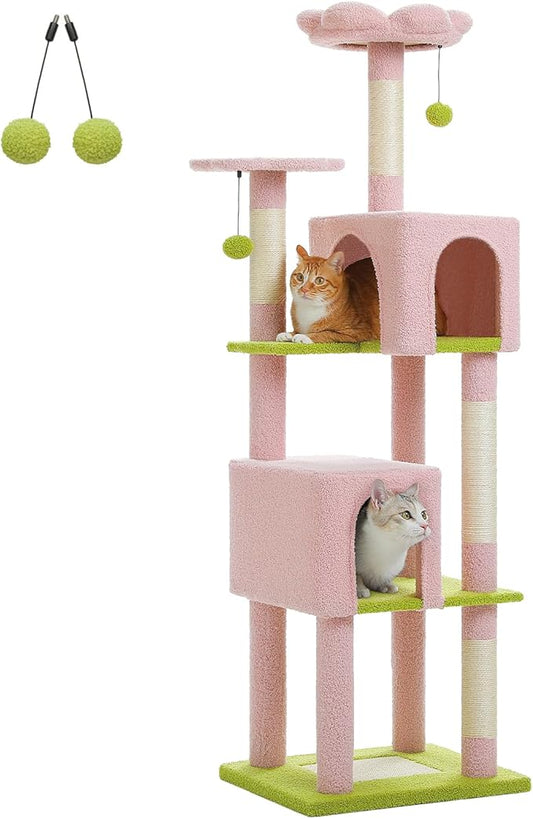 62" Flower Cat Tree for Indoor Cats, Multi-Level Tall Cat Tower with 2 Spacious Condos, Scratching Pad, 4 Cat Scratching Posts, 2 Top Perches, 2 Pompoms, Pink