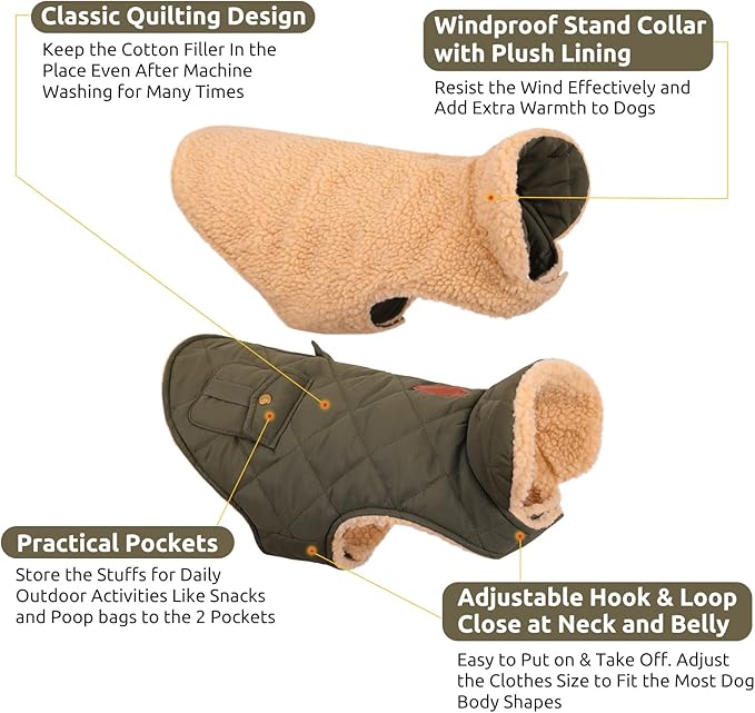 Queenmore Warm Dog Coat, Cold Weather Puffer Dog Coat, Quilting Winter Dog Jacket Ultra Thick Plush Lining with Storage Pockets (Green, Small)