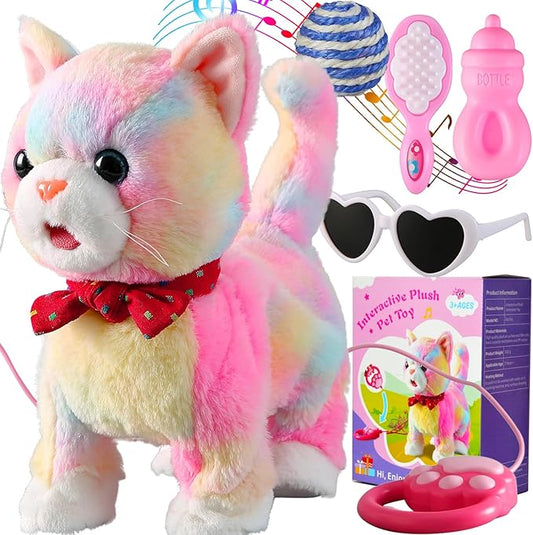 Colorful Leash Walking Cat Set Interactive Talking Cat Singing Dancing Kitten Mimicking Repeat What You Say Kitty Touch and Voice Control Nodding Wagging Tail Plush Electric Kitty for Kid Gril