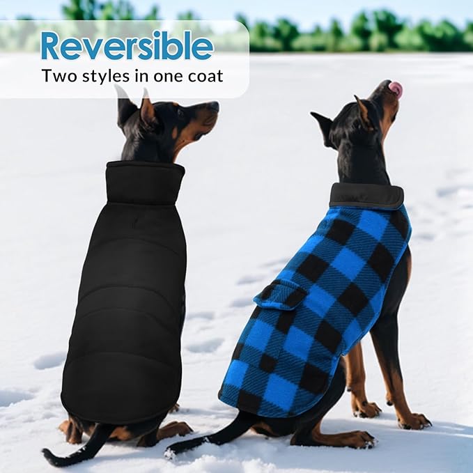 ASENKU Dog Winter Coat, Fleece Doggie Jacket Plaid Reversible Vest Waterproof Windproof Cold Weather Clothes for Small Medium Large Dogs (XS, Blue)