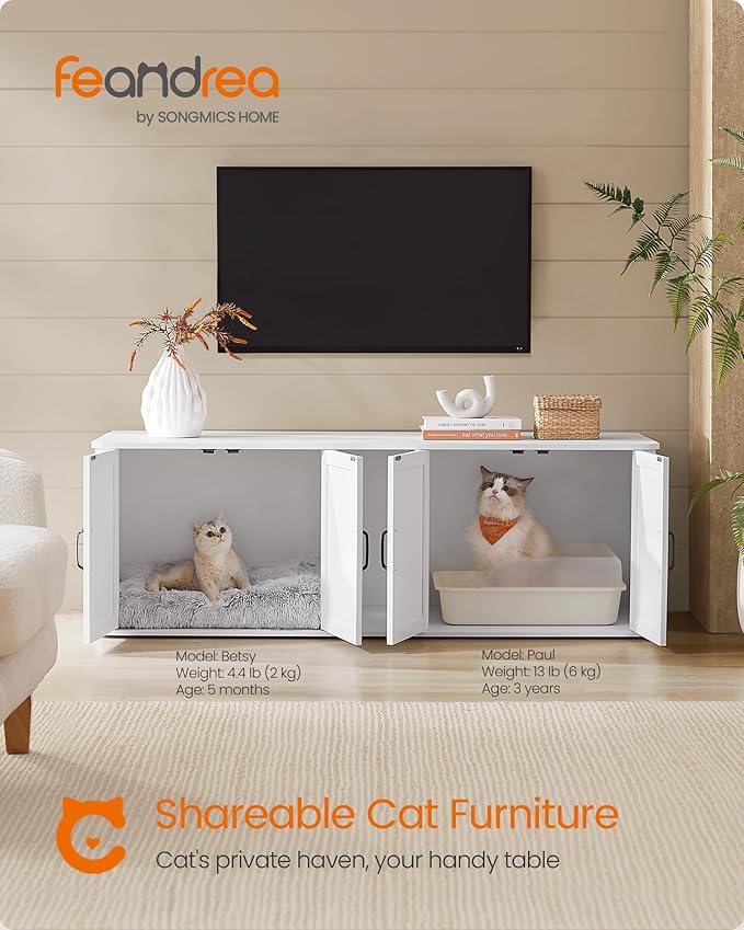 Feandrea Double Cat Litter Box Enclosure, Modern Litter Box Furniture Hidden for 2 Cats, Front Entry, Cat House, Side End Table, TV Stand, 59 x 19 x 19.5 Inches, Cloud White UPCL010W01