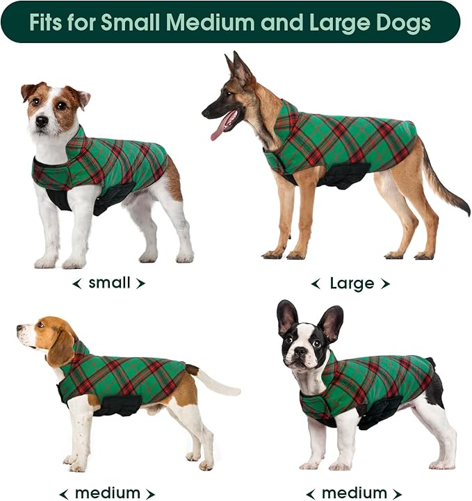 Kuoser Warm Dog Coat, Waterproof Dog Jacket for Extra Large Dogs, Adjustable Durable XXL Doggie Winter Coat Reversible Puppy Cold Weather Apparel from Small to Large Breed, Christmas Green XXL