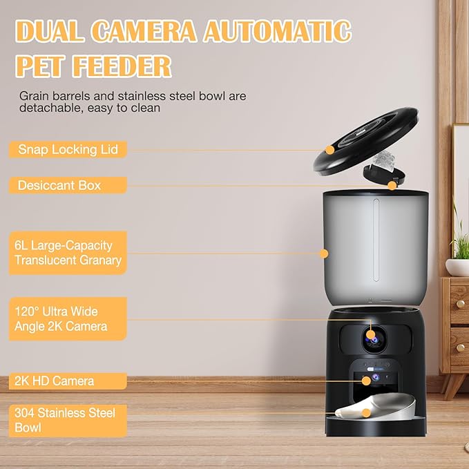 Automatic Cat Feeder with 2K HD Dual Cameras, 2.4/5G WiFi 6L Feeder, Pet Feeder Automatic for Cats & Dogs, Cat Food Dispenser with Cameras, Laser Interactive Toy & Night Vision(Black-Dual Cameras)