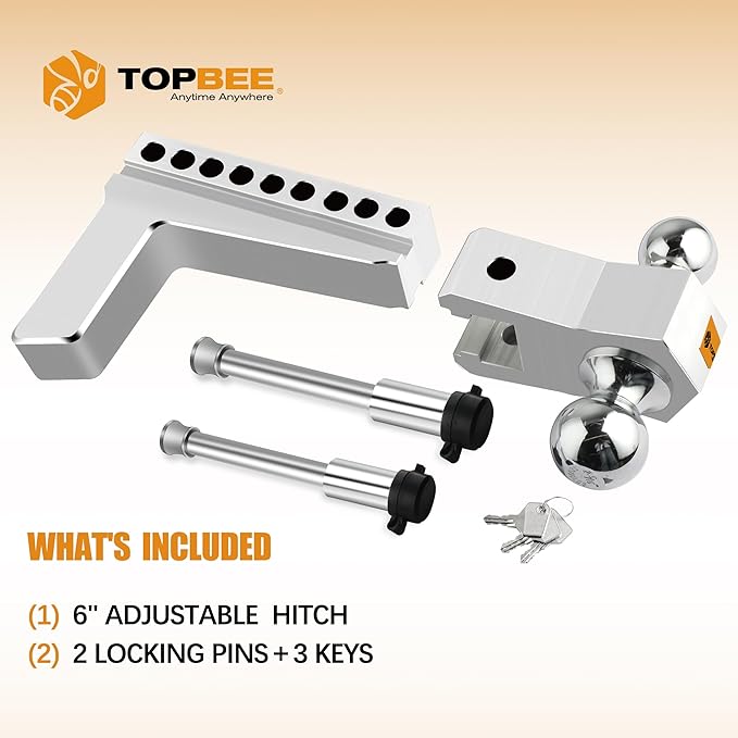 Aluminum Adjustable Trailer Hitch Fits 2-inch Receiver, 8-inch Drop, Solid Tube Hitch -12,500 LBS, 2 and 2-5/16 inch Balls-312008