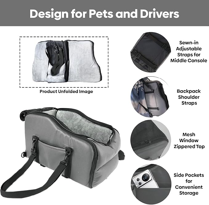 Cat Car Seat Center Console with Harness for Pets Under 10 Lbs, Cat Carrier for Car Armrest, Middle Console Dog Bed Small Dogs, Travel & Portable & Safe, Kitten Puppy Small Pet, 0-10 Lbs