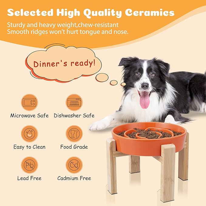 Elevated Slow Feeder Dog Bowl - Puzzle Maze Dish with Bamboo Stand - Raised Ceramic Food Bowl for Medium and Large Dogs - 8.8 Inch - Orange