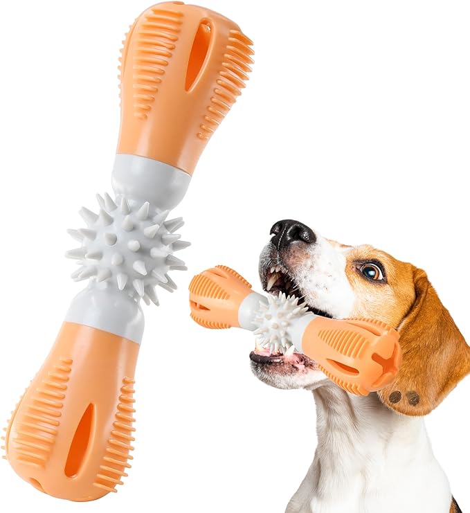 Durable Dog Chew Toy, Natural Rubber Treat Dispensing Puzzle Toy for Small & Medium Breeds – Interactive Teething, Training, and Dental Care Toy to Keep Dogs Engaged & Relieve Boredom (Orange)