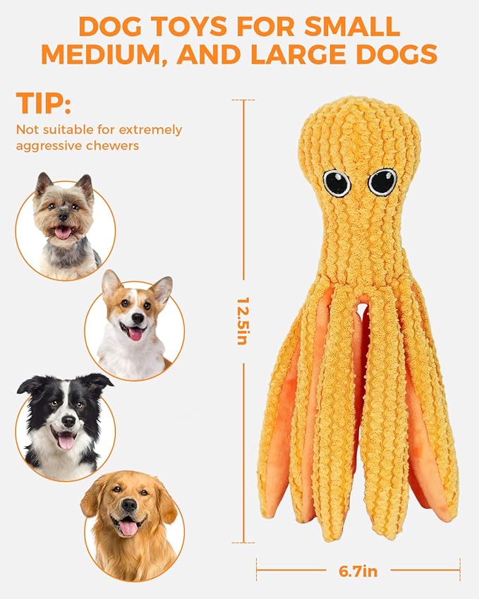 Crinkle Squeaky Dog Toys for Large Dogs, Durable Plush Chew Toys for Aggressive Chewers, Interactive Tug of War Toy, Teething Gift to Keep Them Busy and Relieve Boredom (Yellow Octopus)