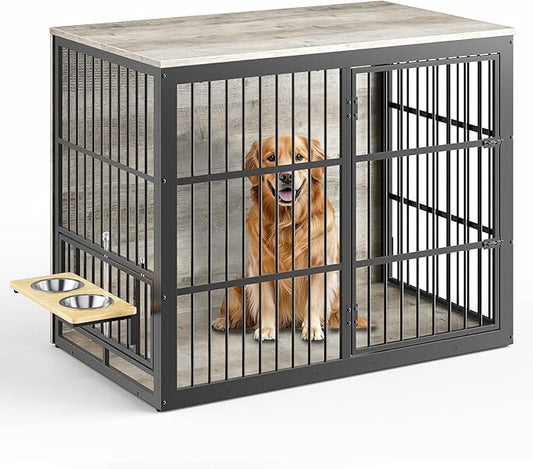 Lyromix 48'' XXL Dog Crate Furniture with Rotating Feeder, Large Wooden Crate End Table, Heavy Duty Indoor Kennel Cage for Medium to Large Dogs, Grey