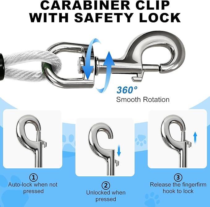 Tie Out Cable, 15/25/40/50 FT Runner Cable with Swivel Hook,Dog Leash Run Tether for Yard Outdoor and Camping,for Small to Medium Pets Up to 250 LBS