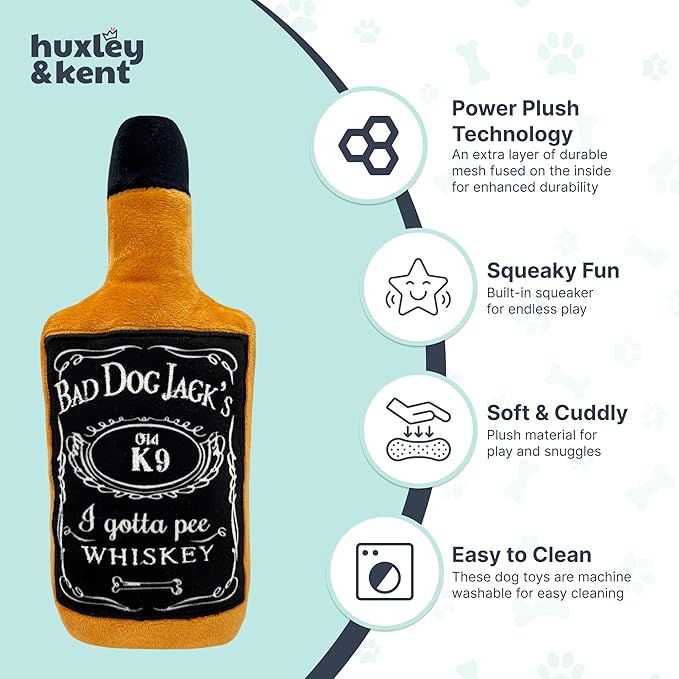 Huxley & Kent Funny Dog Toys w/Squeaker & Crinkle - Stimulating & Interactive Chew Toy for Dogs - Mesh Lined Stuffed Doggie Toy-Easy to Clean Doggie Toys for All Breeds (Bad Dog Jack's Whiskey,Large)