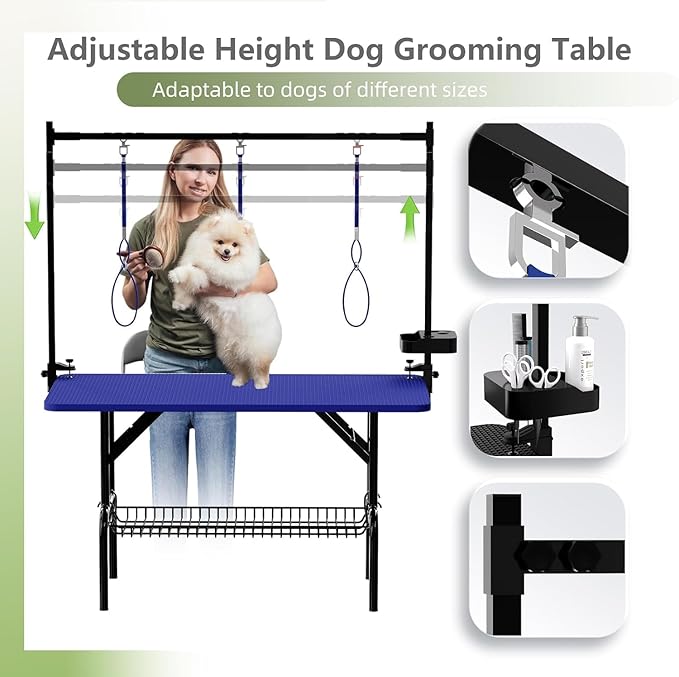 VFK 36''/47''Large Dog Grooming Table, Foldable Grooming Table for Dogs at Home Pet Grooming Station,Adjustable Cat Drying Desktop with Arms, Nooses, Mesh Tray (Basic pet Table, 47" Blue)