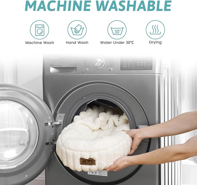 Cat Bed with Hooded Blanket, Round Fluffy Anti-Anxiety Pet Bed for Cats/Toy Breed Dogs, Cozy Donut Cuddler with Machine Washable Faux Fur & Anti-Slip Bottom(20"×20"×6",Cream)