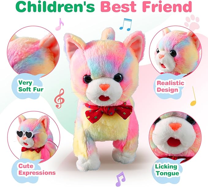 Colorful Leash Walking Cat Set Toy Interactive Talking Cat Singing Dancing Kitten Mimicking Repeat What You Say Kitty Touch and Voice Control Nodding Wagging Tail Plush Electric Robot for Kid Girl