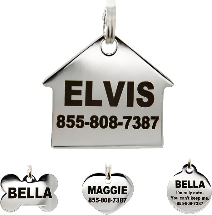 Stainless Steel Pet ID Tags - Engraved Personalized Dog Tags, Cat Tags Front & Back up to 8 Lines of Text – Bone, Round, Heart, Flower, Badge, House, Star, Rectangle, Bow Tie