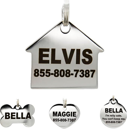 Stainless Steel Pet ID Tags - Engraved Personalized Dog Tags, Cat Tags Front & Back up to 8 Lines of Text – Bone, Round, Heart, Flower, Badge, House, Star, Rectangle, Bow Tie