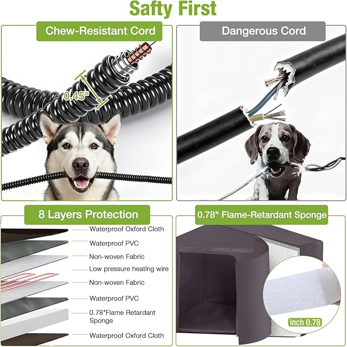 GUTINNEEN Extra Large 60" Heated Dog House Outdoor Dog Kennel with Safe Heated Pad, Chew-Proof Metal Frame and Rotating Food Bowl for Large Dog Breeds, 60" L x 36" W x35.4 H (Brown)