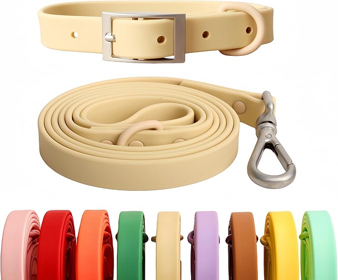 Dog Collar and Leash Set, Durable Waterproof Dog Leashes Collars, 5 Length Setting Adjustable Dog Collars for Large Medium Small Dogs (Cream, L)