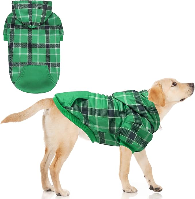 KOOLTAIL Plaid Dog Hoodie for Small Medium Large Dogs - Pet Clothes Sweater with Hat and Pocket for Cold Weather Winter, Warm Soft Dog Hooded Sweatshirt Coat Outfit for Puppy Cats Girls Boys Green XL