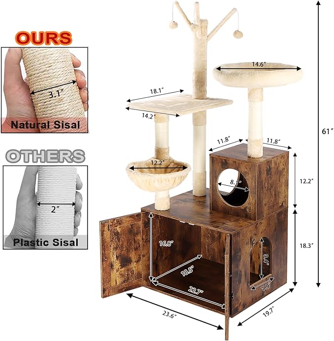 Cat Tree Tower with Litter Box Enclosure, 2-in-1 Wooden Cat Condo with Sisal Scratching Post, Hammock, Brown