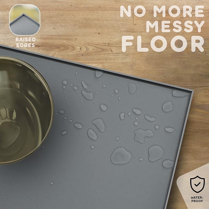 Dog Food Mat - 28x18 Raised Edges Dogs Mat for Food and Water Prevent Spill, Waterproof Cat Food Mats Protect Floors, Easy Clean Dog Bowl Mats for Food and Water, Silicone Pet Feeding Placemats