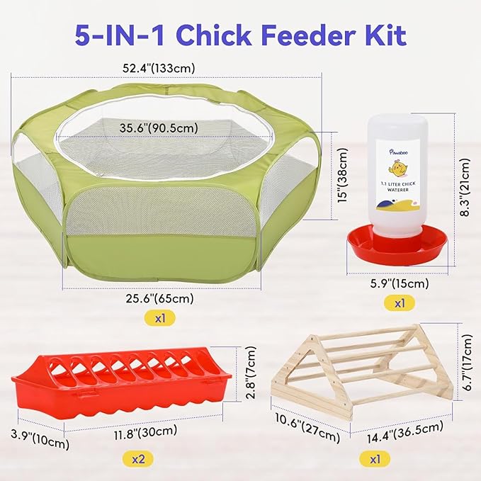 Pawaboo 5-in-1 Chicken Brooder Box for Chick Starter Kit, Includes Pet Cage Tent, Chicks Perch, Chick Feeder, 1.1L Chicks Waterer, Baby Chicken Supplies (Brooder Set), Green + Red + Wood Color