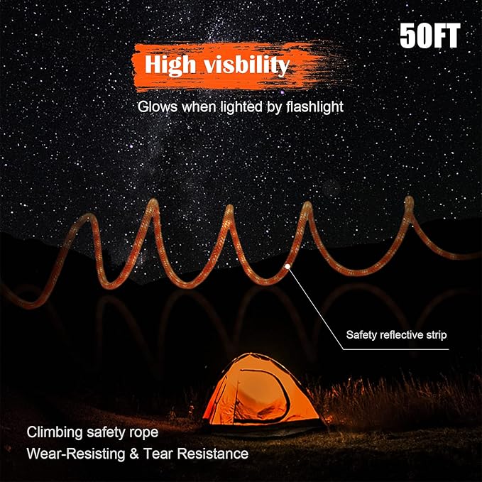 Dog Tie Out Cable for Camping, 50ft Reflective Overhead Trolley System for Dogs up to 300lbs, Portable Dog Hitching Lead, Dogs Runner for Yard Camping Training Running Hiking Outdoor