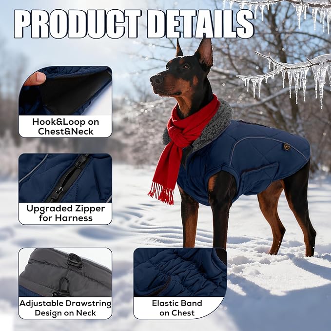 EMUST Winter Coat for Large Dogs, Windproof Dog Jacket for Cold Weather, Extra Warm Dog Winter Clothes for Small Medium Large Dogs, Dark Blue, XXL