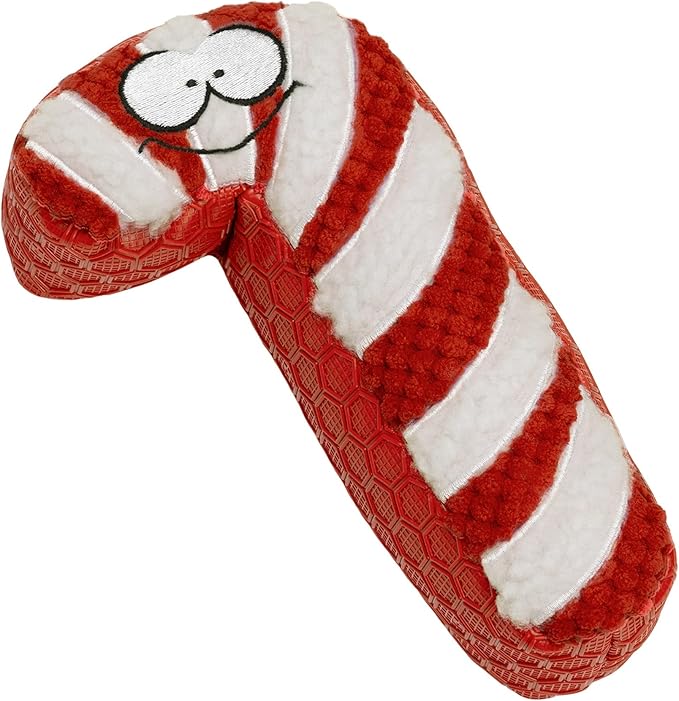 goDog Holiday Collection Mixed Materials TPE-Plush Candy Cane Squeaky Dog Toy, Chew Guard Technology - Red/White, One Size
