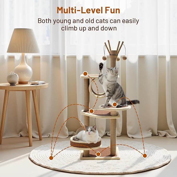 Modern Rattan Cat Tree House Condo Tall Heavy Duty Cat Climbing Tower with Scratching Post,Basket,Bed,and Stand for Indoor Large Adult Cat