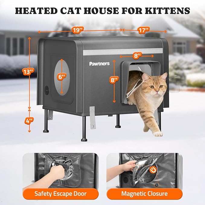 Pawtners Heated Outdoor Cat House for Outside Cats, 19'' Large Insulated Weatherproof Cat Shelter with Heated Pad, Elevated Feet & Escape Door, Warm Kitty House for Feral or Stray Cats in Winter