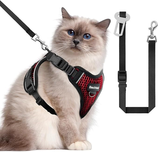 at Harness and Leash for Walking Escape Proof Soft Adjustable Cat Leash Breathable Honeycomb Structure Comfortable Vest Easy to Wear Kitten Harness for Outdoor Travel, Honeycomb Red, M