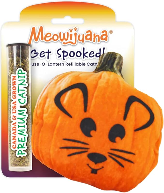 Meowijuana Refillable Cat Toys | Get Spooked - Pumpkin Catnip Toy | Includes Potent Hand Harvested Catnip Grown in North America | Promotes Play and Cat Health