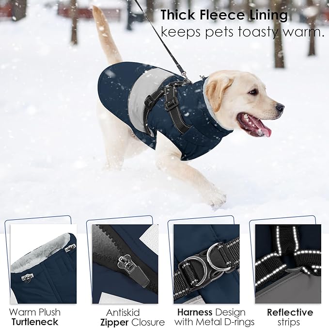 AOFITEE Dog Coat, Large Dog Jacket, Dogs Coat with Harness Built in, Reflective Waterproof Dogs Jackets Winter with Furry Collar, Warm Polar Fleece Pet Sweater Snowsuit for Doberman, Great Dane XXXL