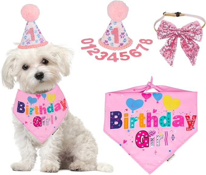 ADOGGYGO Dog Birthday Party Supplies, Pink Girl Puppy Birthday Bandana Hat Numbers Bow Set for Small Dogs Pets (Small)