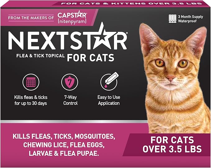 NEXTSTAR Flea and Tick Prevention for Cats, Repellent and Control, Fast Acting Waterproof Topical Drops, Flea Prevention for Cats Over 3.5 lbs, 3 Monthly Doses