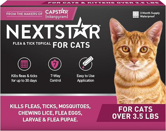 NEXTSTAR Flea and Tick Prevention for Cats, Repellent and Control, Fast Acting Waterproof Topical Drops, Flea Prevention for Cats Over 3.5 lbs, 3 Monthly Doses