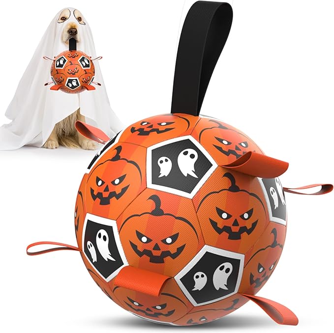 Diman Dog Soccer Ball with Straps, Halloween Dog Toys, Pet Toys Balls for Medium Large, Pet Birthday Gift, Interactive Dogs Toy for Tug of War (7 inch)