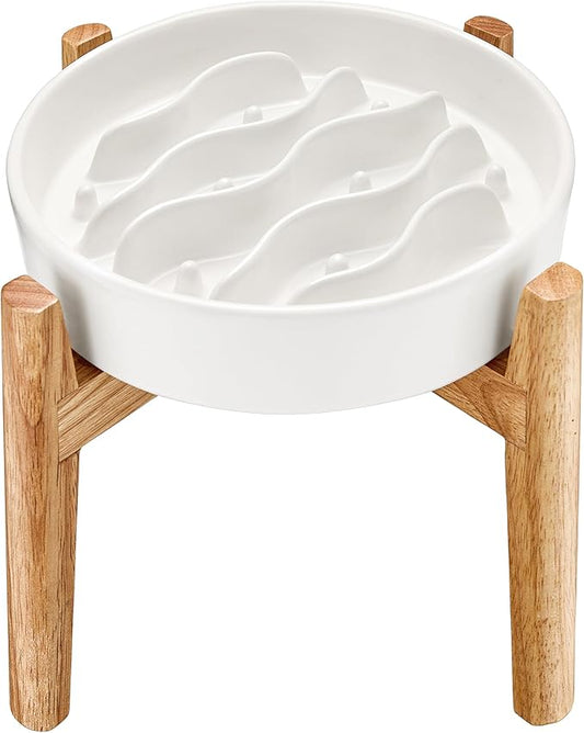 Ceramic Slow Feeder Dog Bowls Elevated, 2.0 Cups Dog Slow Feeder for Medium and Large Dogs, 30oz, 8in, White