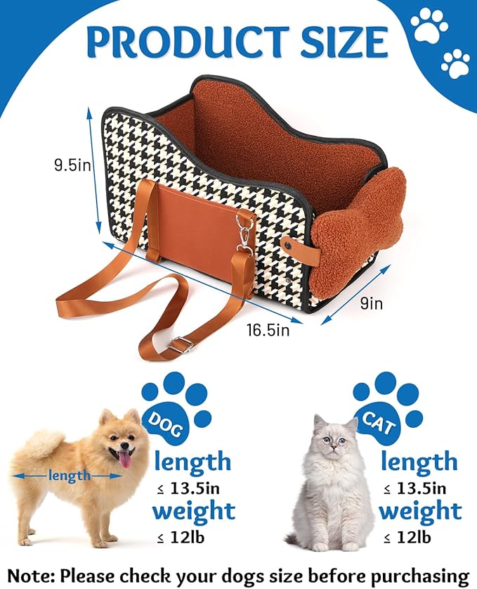 Center Console Dog Car Seat, Pet Car Seat, Armrest Middle Console Booster Travel Carrier for Small Dogs and Cats(Brown)