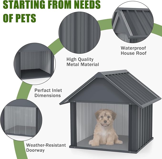 Erinnyees 36 Inch Dog House Outdoor with Door Curtain, Weatherproof Puppy Shelter for Medium Large Dogs with Anti-Chewing Iron Frame, Sturdy and Long-Lasting Dog Tent