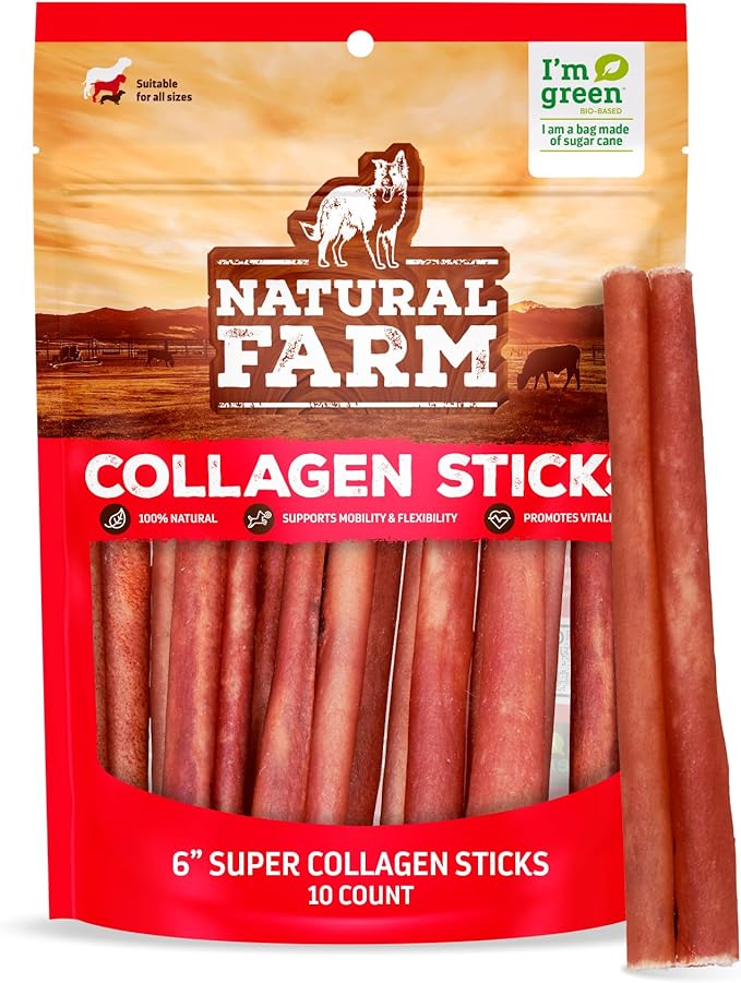 Natural Farm Odor-Free Super Collagen Dog Chews (6-Inch, 10-Pack) The First Ever Real Bull Sticks Alternative: 100% Natural Angus Hide Collagen Treats - More Protein, More Chew Time for All Dogs