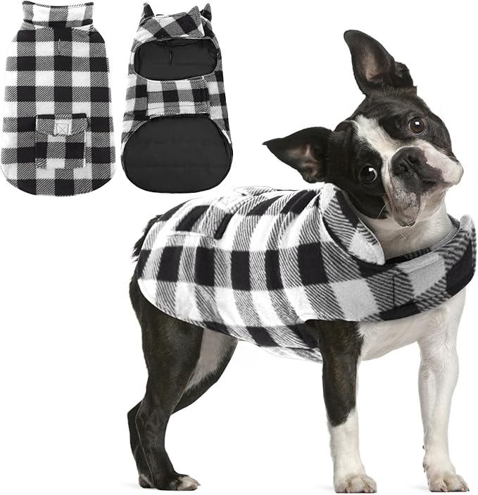 AOFITEE Dog Coat Plaid Dog Winter Coat for Small Dogs, Warm Dogs Jacket Christmas Sweater, Waterproof Pet Puffer Jacket, Reversible Pet Cold Weather Coats for Small Medium Large Pets, Black S
