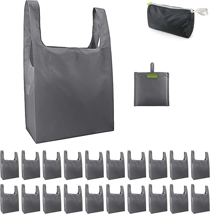 BeeGreen Grey Reusable Shopping Bags Wholesale Reusable Grocery Bags Bulk with Elastic Band Foldable-Machine Washable with Zipper Storage Pouch 20 Pieces