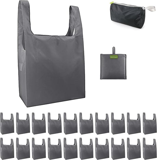 BeeGreen Grey Reusable Shopping Bags Wholesale Reusable Grocery Bags Bulk with Elastic Band Foldable-Machine Washable with Zipper Storage Pouch 20 Pieces