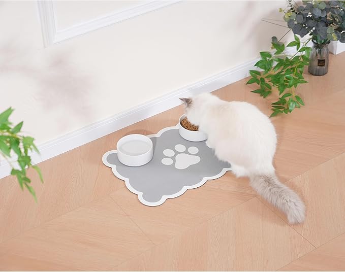 Ralxion Scalloped Dog Feeding Mat, Absorbent Mats for Dog Food and Water Bowl, Dispenser, Cute Elegant Aesthetic Preppy Grey Scallop Pet Placemat for Dogs, Cats, Puppy Accessories, 14" X 19”
