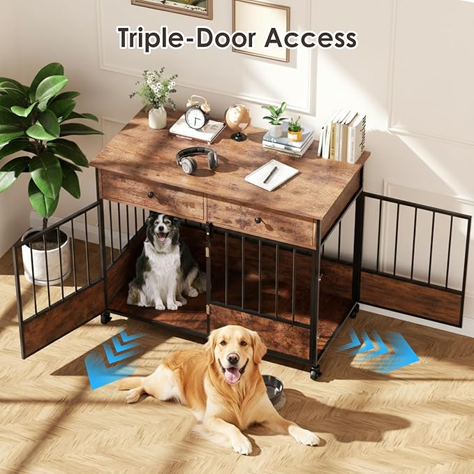 44.5" Dog Crate Furniture, Wooden Dog Kennel with Storage Drawers, Large Dog Cage with Wheels, Heavy Duty Wooden Dog Crate End Table with Steel Tubes for Big Breed