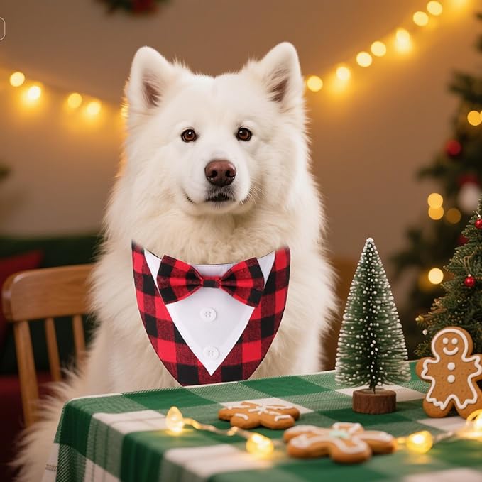 ADOGGYGO Christmas Dog Tuxedo Bandana, Red Plaid Xmas Pet Bowtie Collar, Adjustable Christmas Costumes for Medium Dogs (M)
